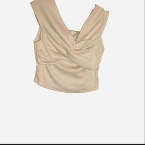 MakeMeChic Ribbed Twist-Front Crop Top in Cream, Size XS